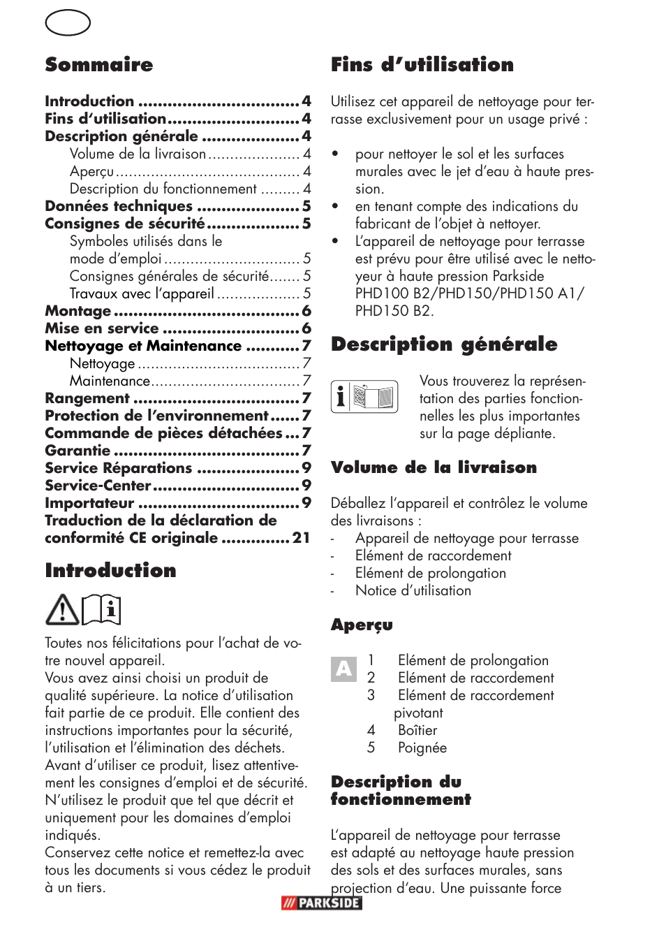 Fr fins d’utilisation, Description générale, Introduction | Sommaire | Parkside PFR 30 A1 User Manual | Page 4 / 26