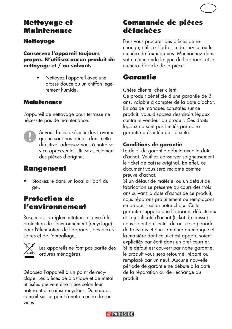 Fr nettoyage, Et maintenance, Rangement | Protection de l’environnement, Commande de pièces détachées, Garantie | Parkside PFR 30 A1 User Manual | Page 7 / 26