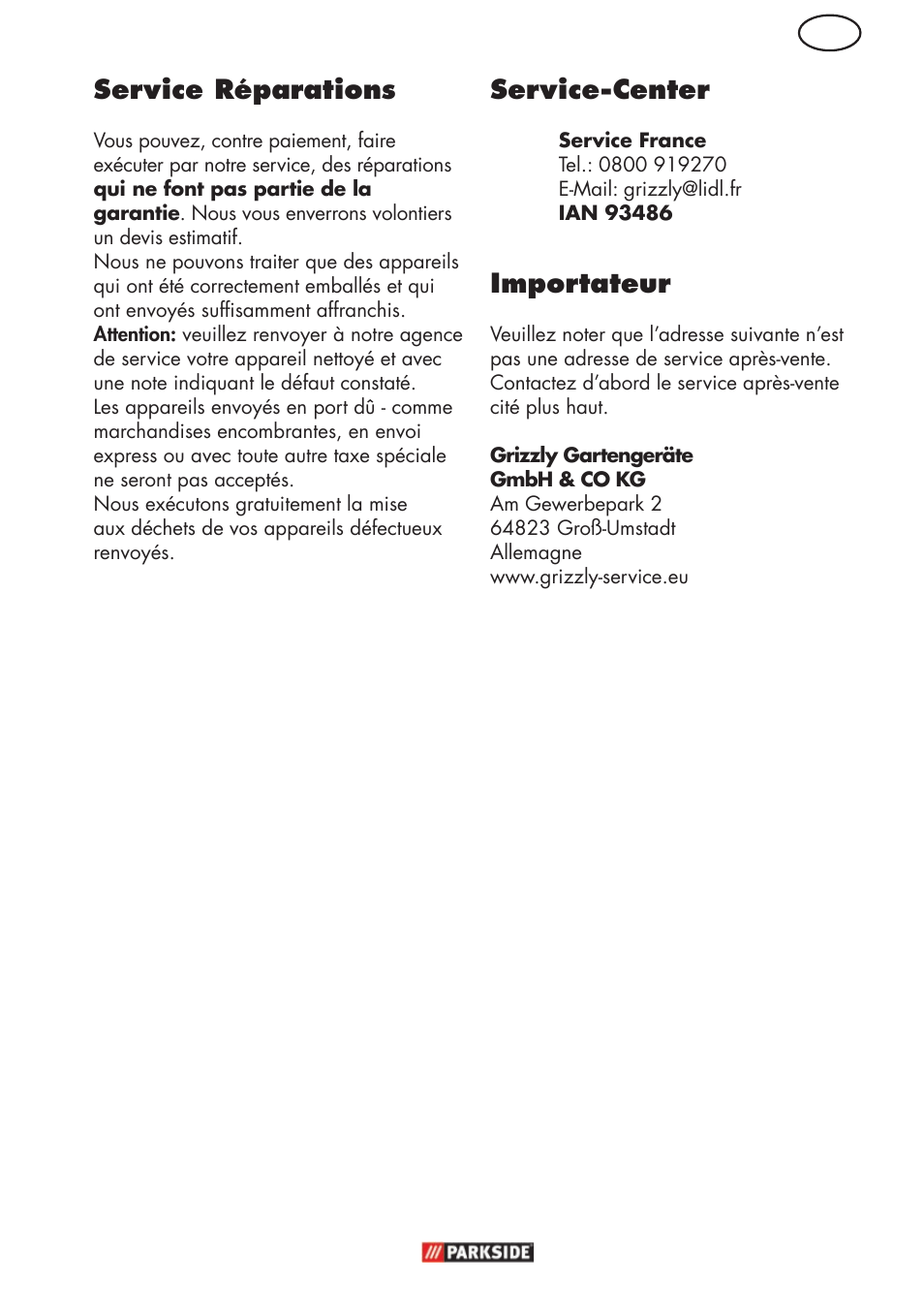 Fr service réparations, Service-center, Importateur | Parkside PFR 30 A1 User Manual | Page 9 / 26