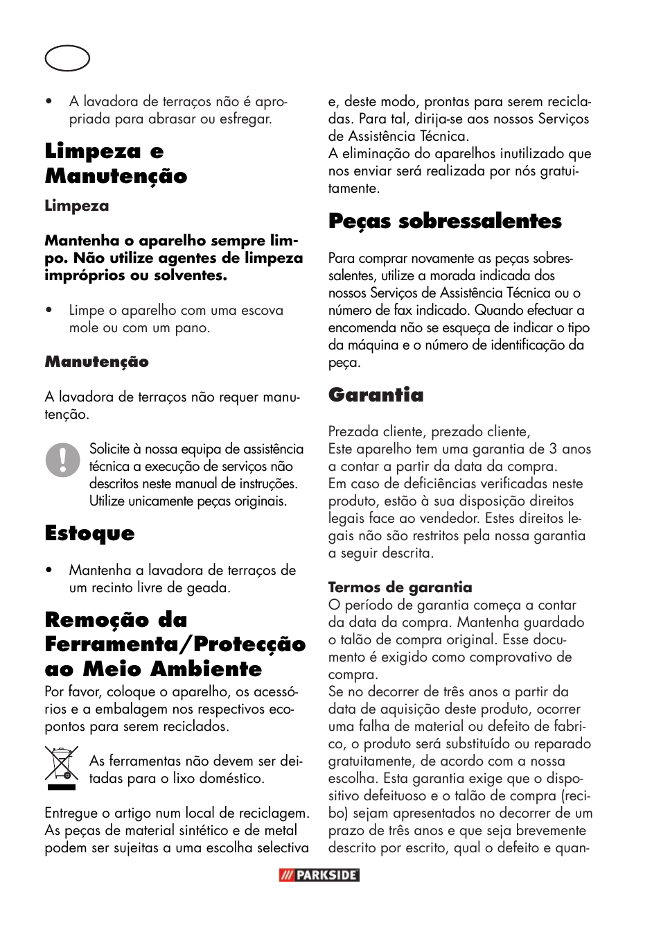 Limpeza e manutenção, Estoque, Remoção da ferramenta/protecção ao meio ambiente | Peças sobressalentes, Garantia | Parkside PFR 30 A1 User Manual | Page 12 / 30