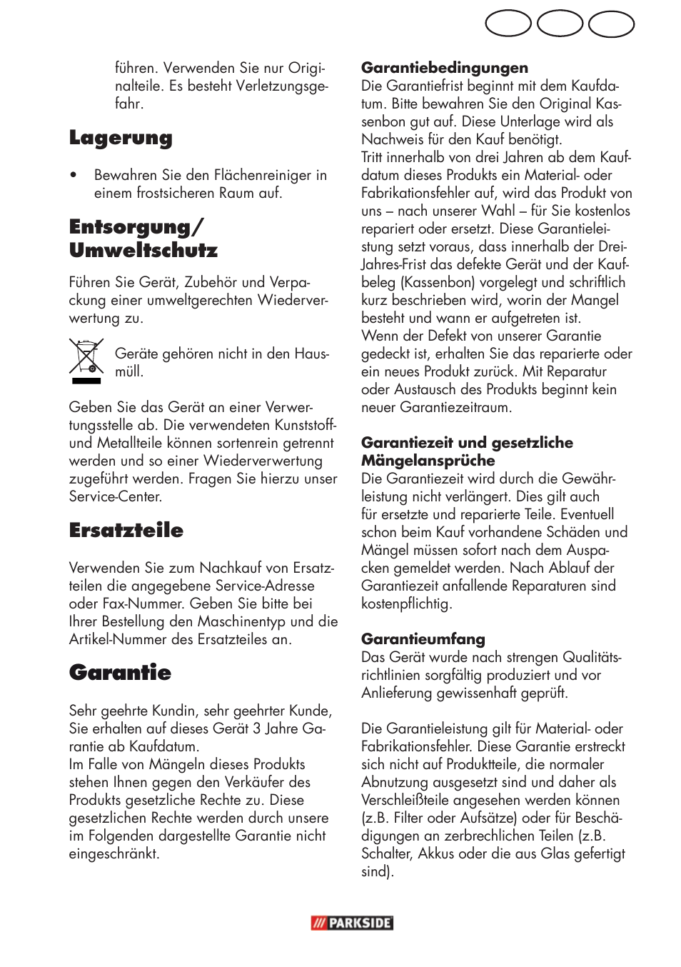 Garantie, Ch at de, Lagerung | Entsorgung/ umweltschutz, Ersatzteile | Parkside PFR 30 A1 User Manual | Page 23 / 30