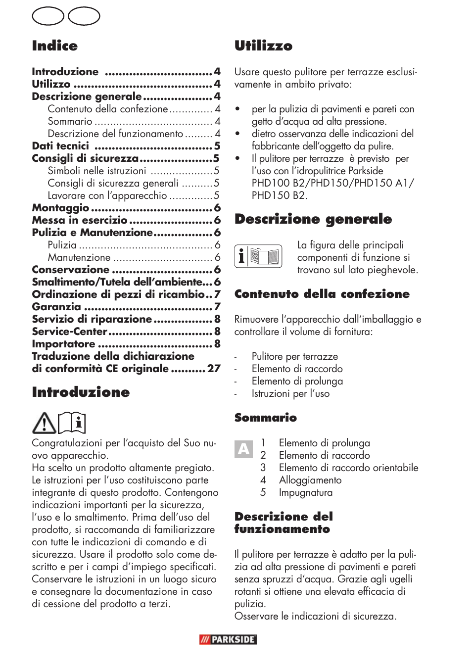 Mt it utilizzo, Descrizione generale, Introduzione | Indice | Parkside PFR 30 A1 User Manual | Page 4 / 30
