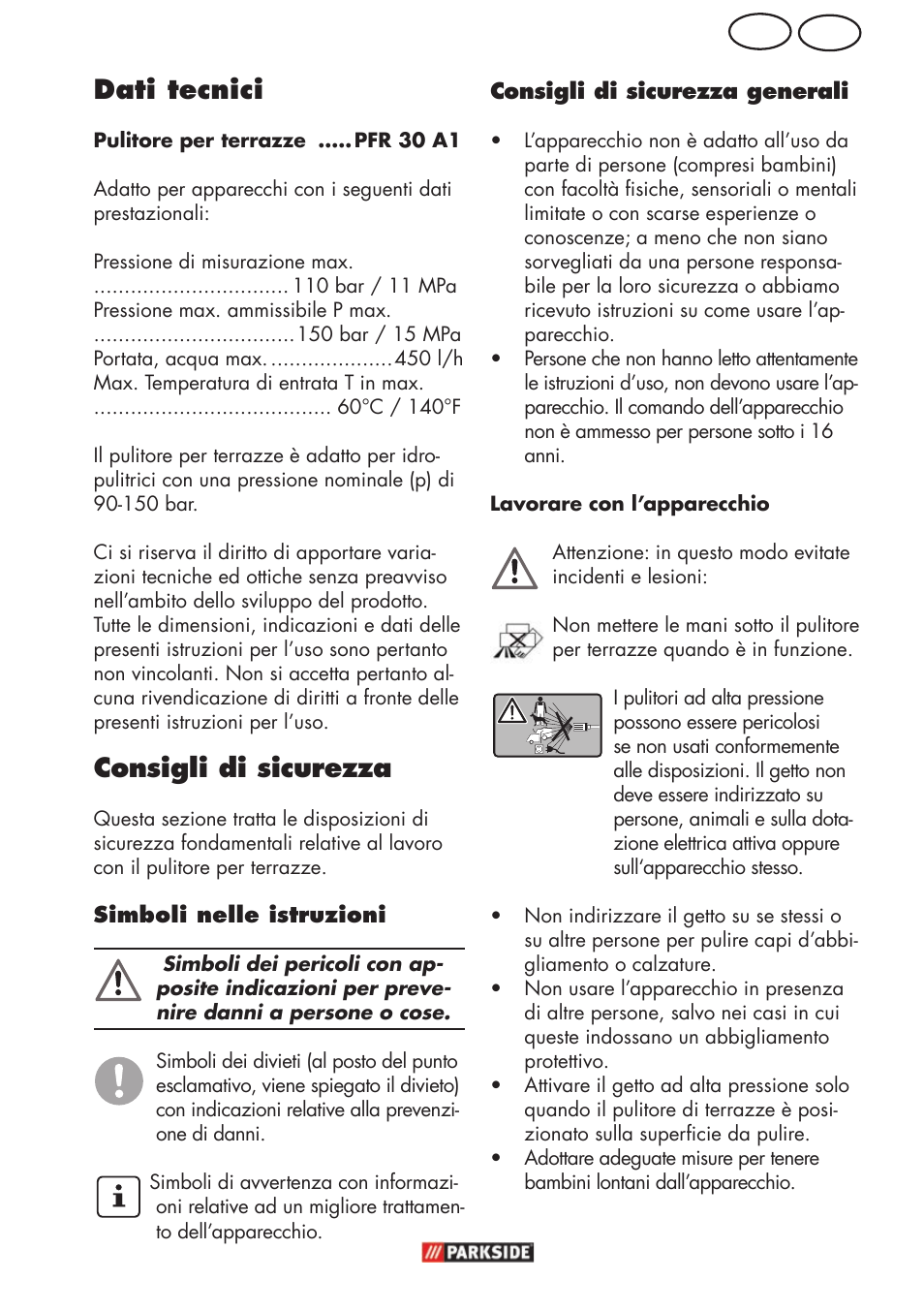 Mt it, Dati tecnici, Consigli di sicurezza | Parkside PFR 30 A1 User Manual | Page 5 / 30