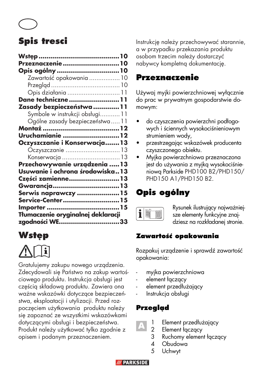 Spis tresci, Wstęp, Przeznaczenie | Opis ogólny | Parkside PFR 30 A1 User Manual | Page 10 / 38