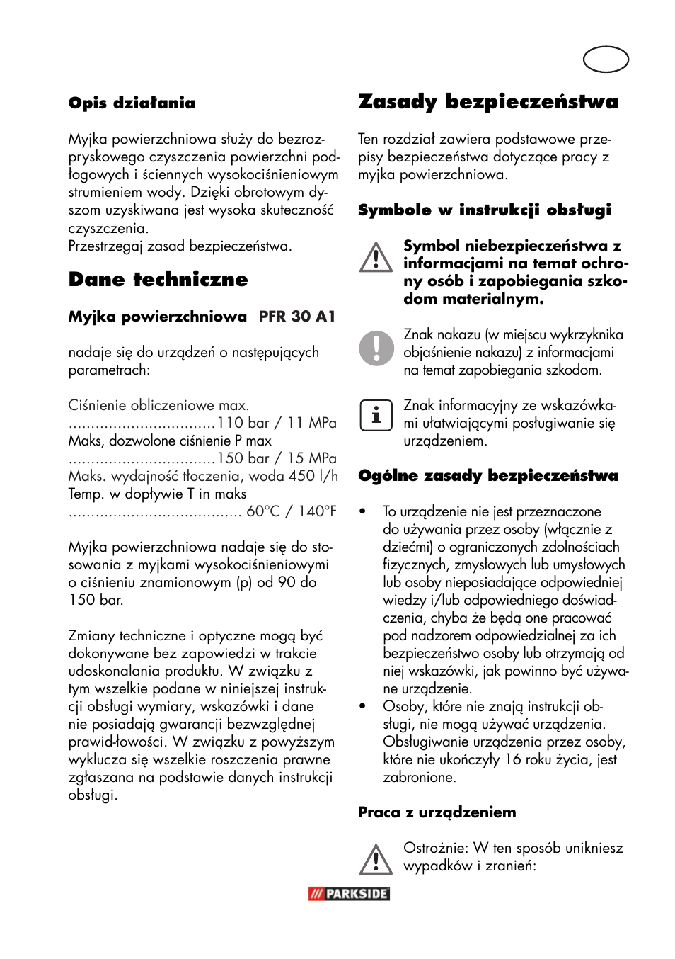 Pl zasady bezpieczeństwa, Dane techniczne | Parkside PFR 30 A1 User Manual | Page 11 / 38