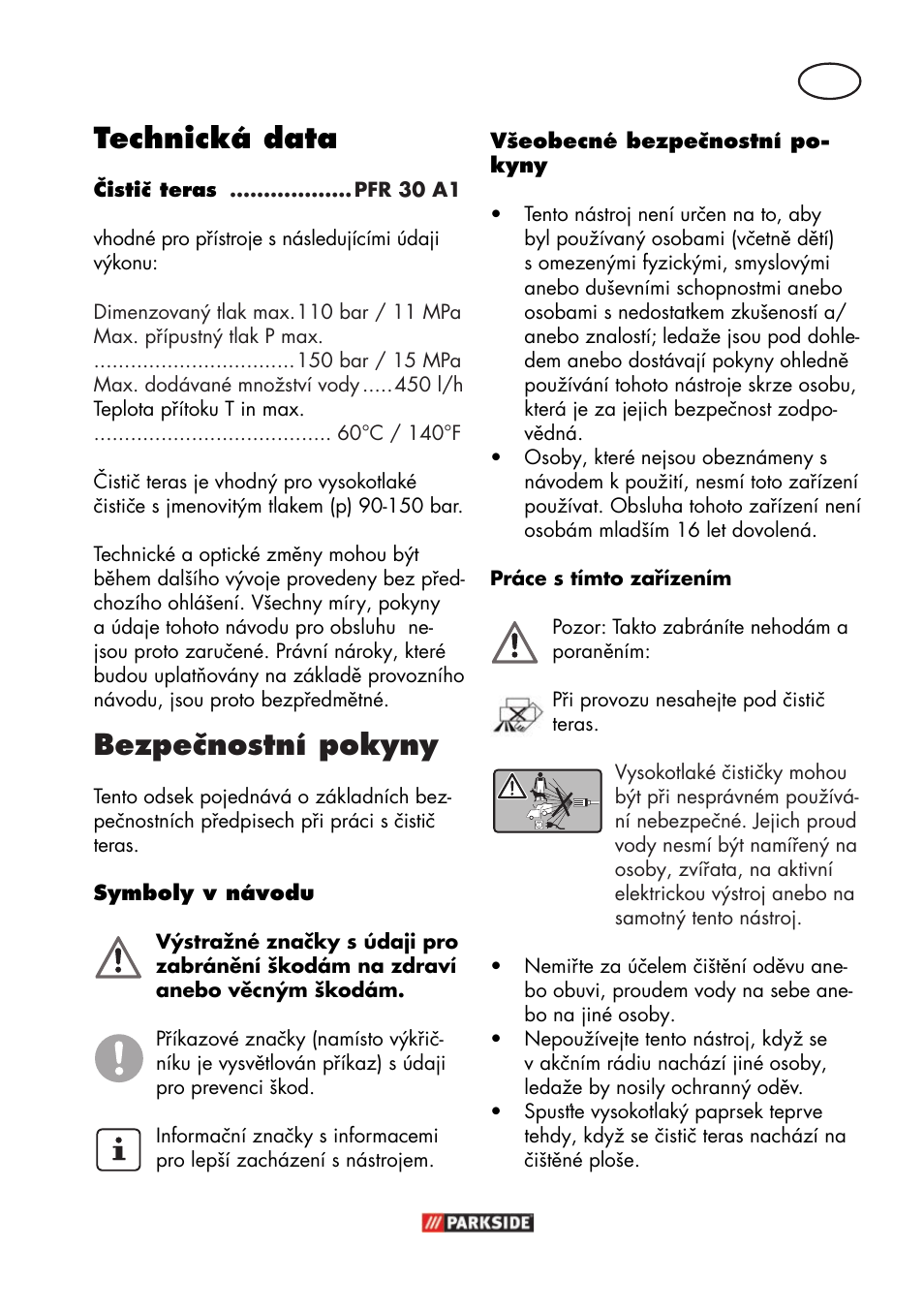 Technická data, Bezpečnostní pokyny | Parkside PFR 30 A1 User Manual | Page 17 / 38