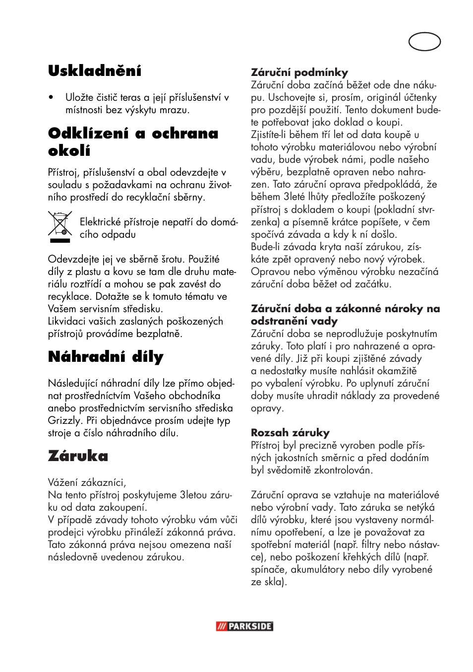 Uskladnění, Odklízení a ochrana okolí, Náhradní díly | Záruka | Parkside PFR 30 A1 User Manual | Page 19 / 38