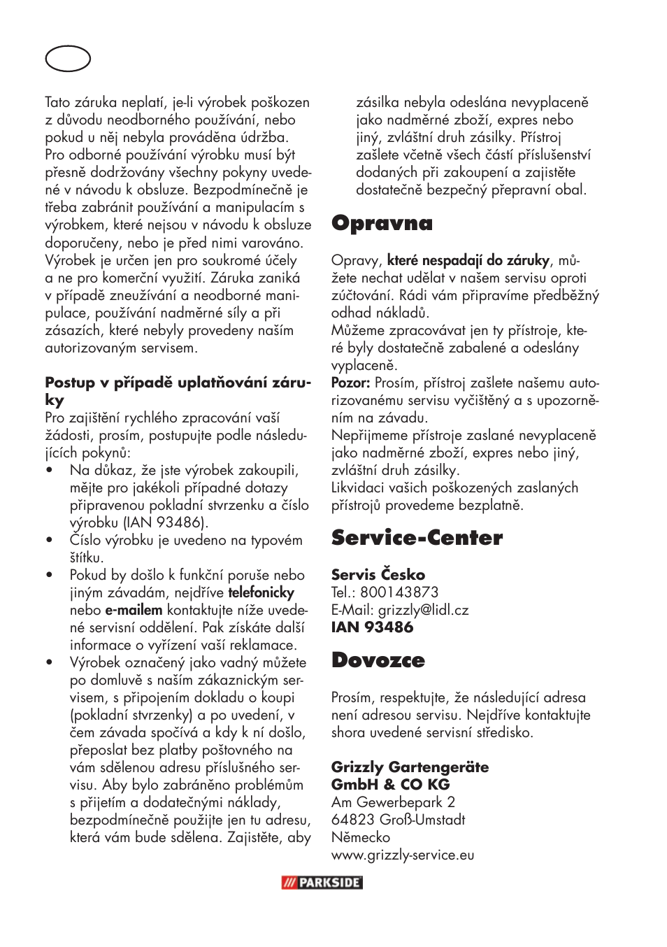 Opravna, Service-center, Dovozce | Parkside PFR 30 A1 User Manual | Page 20 / 38