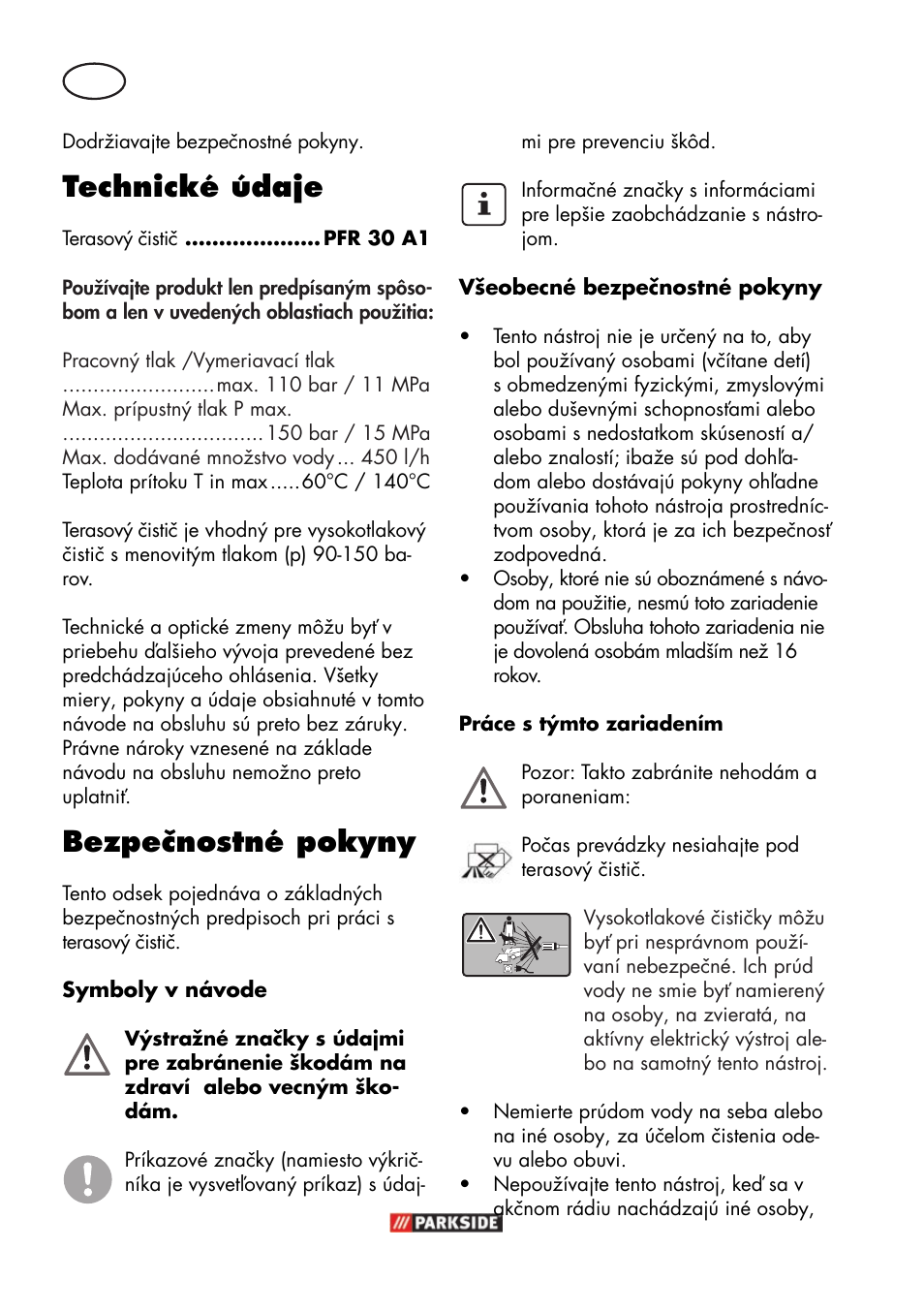 Technické údaje, Bezpečnostné pokyny | Parkside PFR 30 A1 User Manual | Page 22 / 38