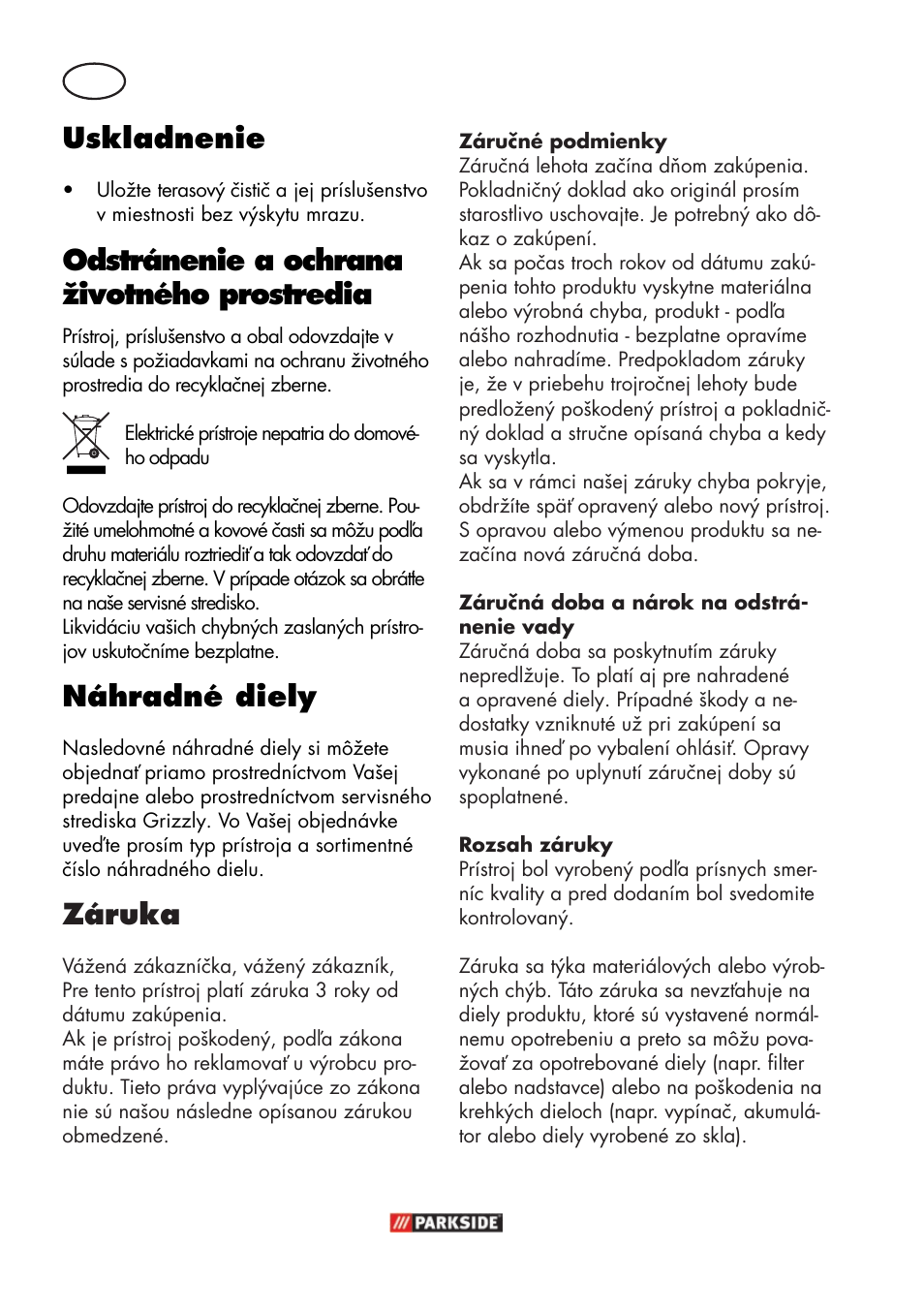 Uskladnenie, Odstránenie a ochrana životného prostredia, Náhradné diely | Záruka | Parkside PFR 30 A1 User Manual | Page 24 / 38