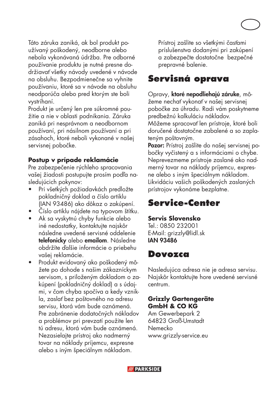 Servisná oprava, Service-center, Dovozca | Parkside PFR 30 A1 User Manual | Page 25 / 38