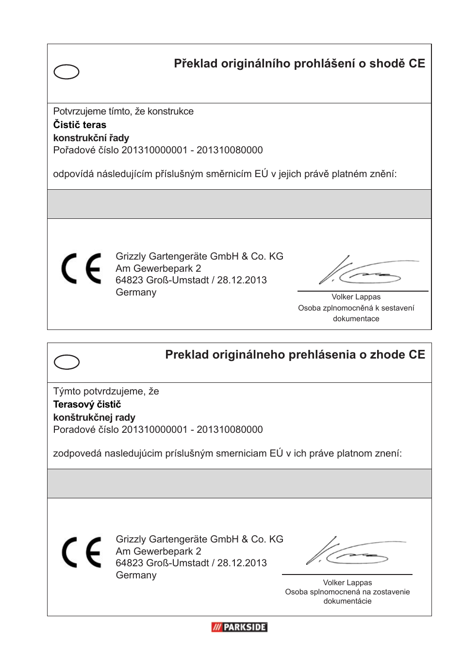 Překlad originálního prohlášení o shodě ce, Preklad originálneho prehlásenia o zhode ce | Parkside PFR 30 A1 User Manual | Page 35 / 38