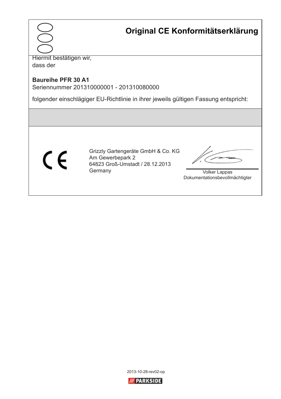 Original ce konformitätserklärung | Parkside PFR 30 A1 User Manual | Page 37 / 38