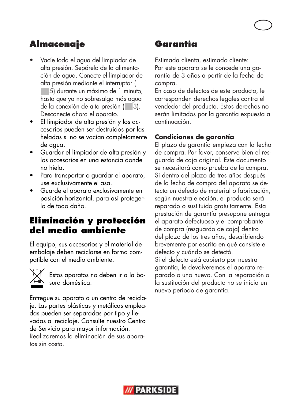 Almacenaje, Eliminación y protección del medio ambiente, Garantía | Parkside PHD 100 D2 User Manual | Page 13 / 72