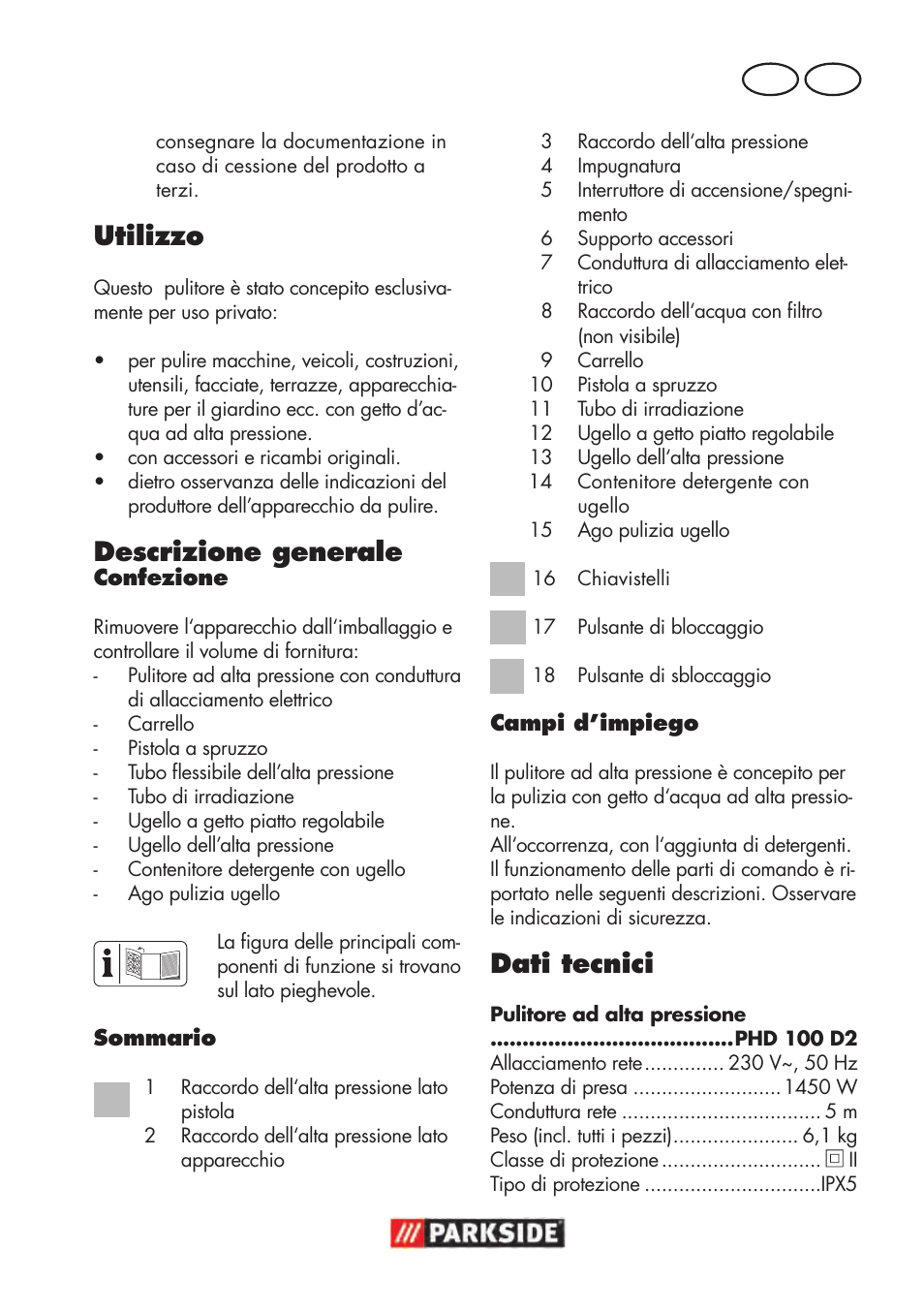 Dati tecnici, Utilizzo, Descrizione generale | Parkside PHD 100 D2 User Manual | Page 17 / 72