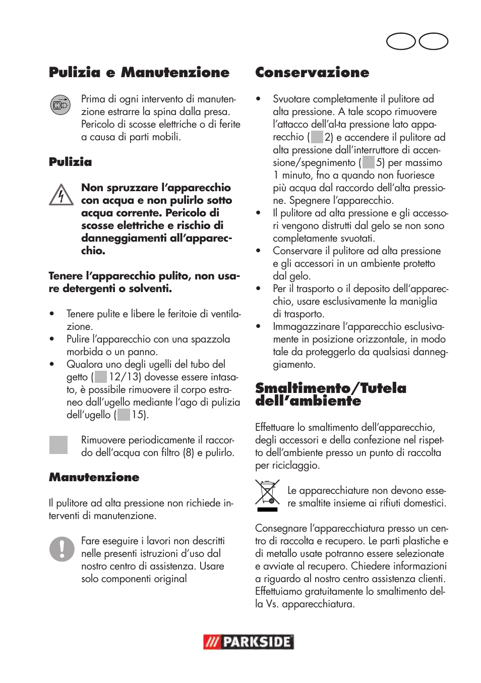 Pulizia e manutenzione, Conservazione, Smaltimento/tutela dell’ambiente | Parkside PHD 100 D2 User Manual | Page 25 / 72