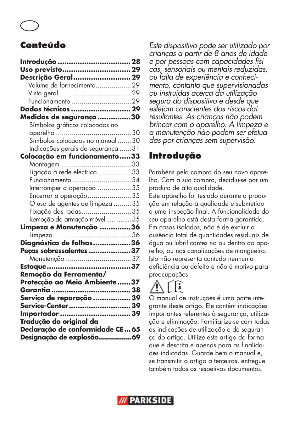 Introdução, Conteúdo | Parkside PHD 100 D2 User Manual | Page 28 / 72