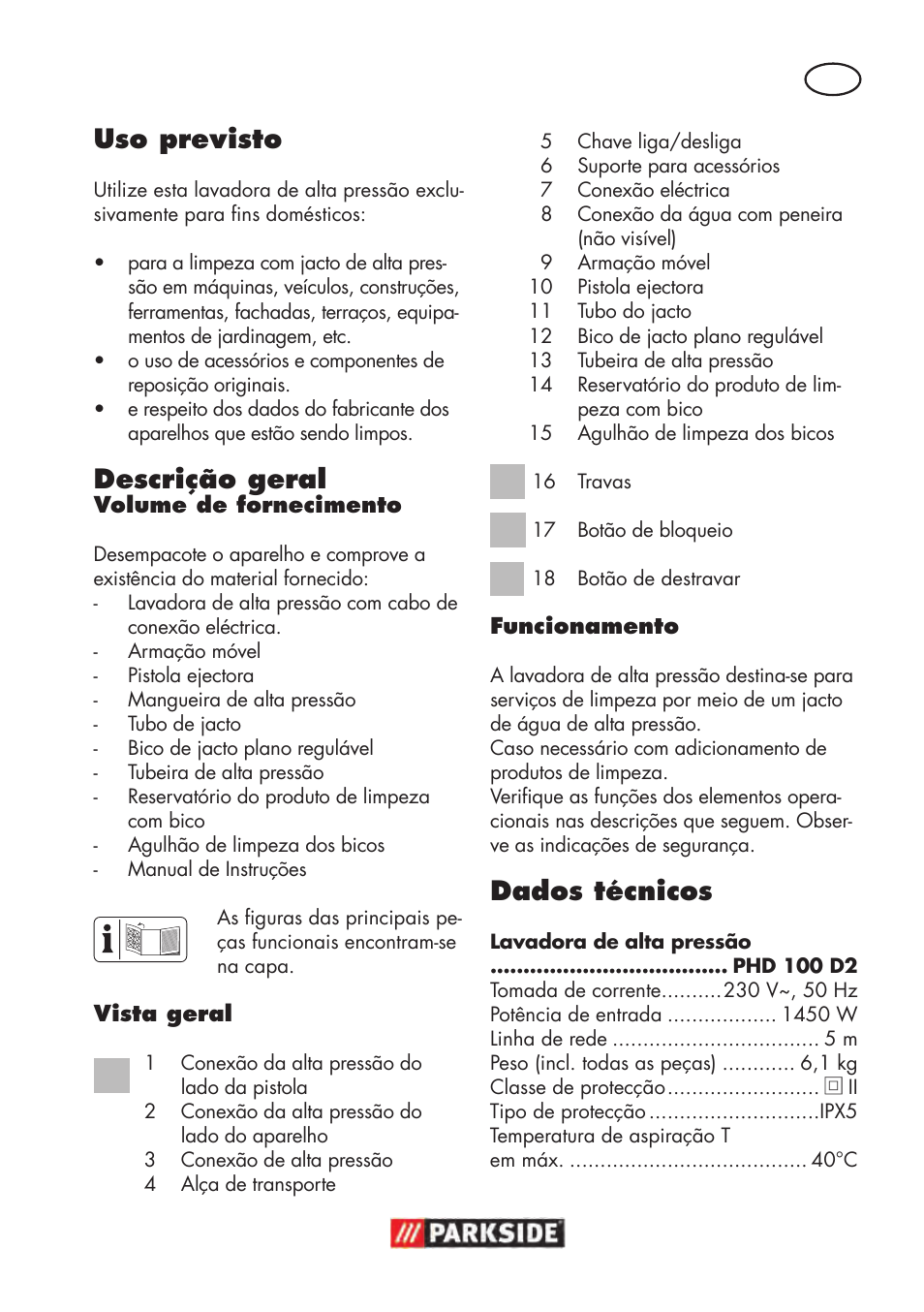 Dados técnicos, Uso previsto, Descrição geral | Parkside PHD 100 D2 User Manual | Page 29 / 72