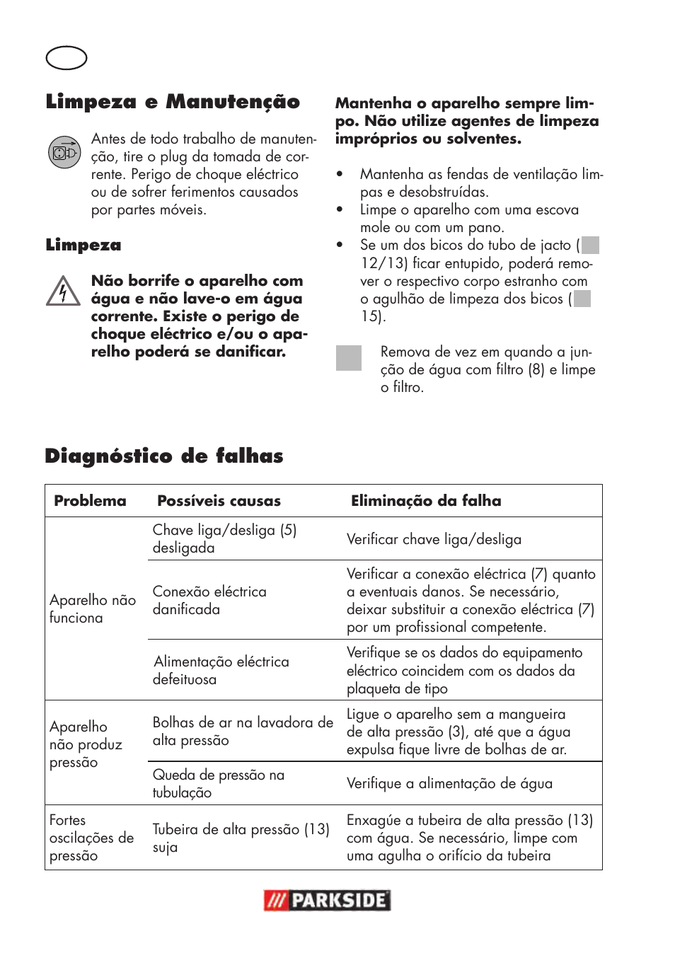 Limpeza e manutenção, Diagnóstico de falhas | Parkside PHD 100 D2 User Manual | Page 36 / 72