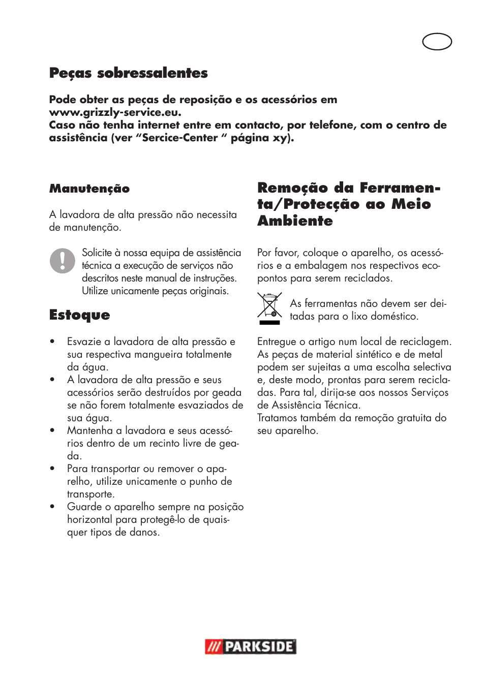 Estoque, Peças sobressalentes, Remoção da ferramen- ta/protecção ao meio ambiente | Parkside PHD 100 D2 User Manual | Page 37 / 72