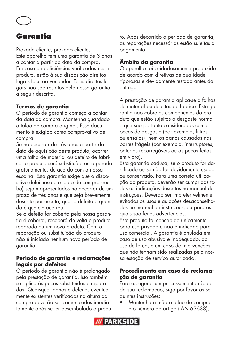 Garantia | Parkside PHD 100 D2 User Manual | Page 38 / 72