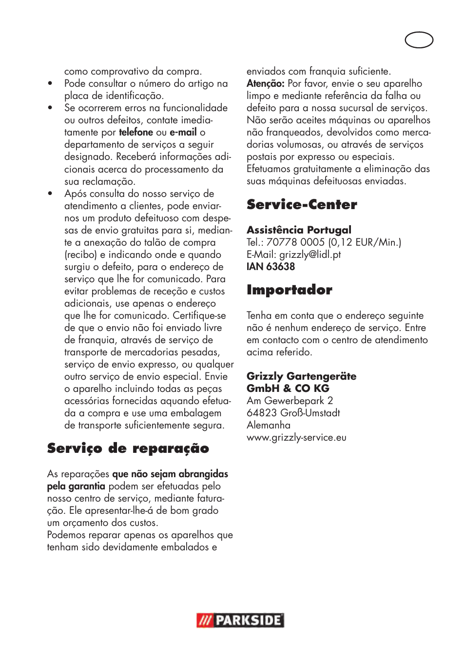 Serviço de reparação, Service-center, Importador | Parkside PHD 100 D2 User Manual | Page 39 / 72