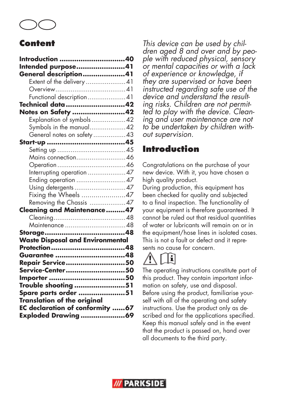 Introduction, Content | Parkside PHD 100 D2 User Manual | Page 40 / 72