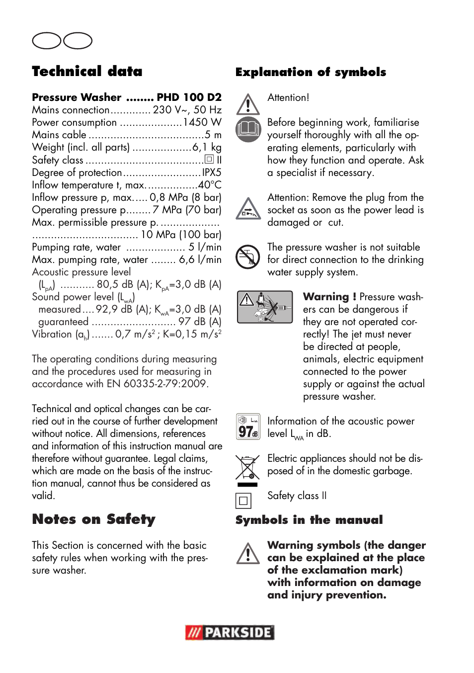 Technical data, Gb mt | Parkside PHD 100 D2 User Manual | Page 42 / 72