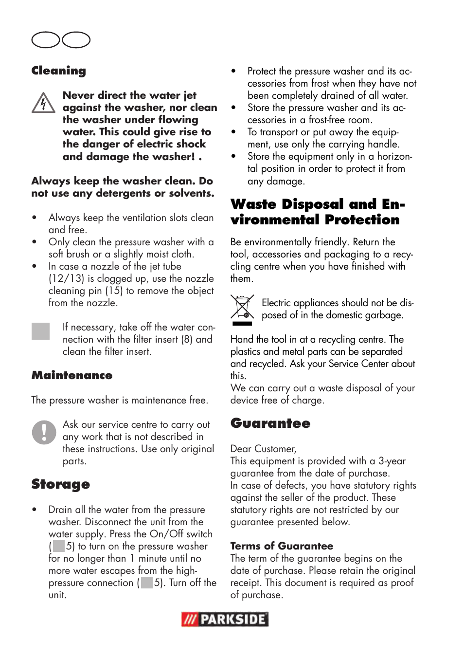 Storage, Waste disposal and en- vironmental protection, Guarantee | Parkside PHD 100 D2 User Manual | Page 48 / 72