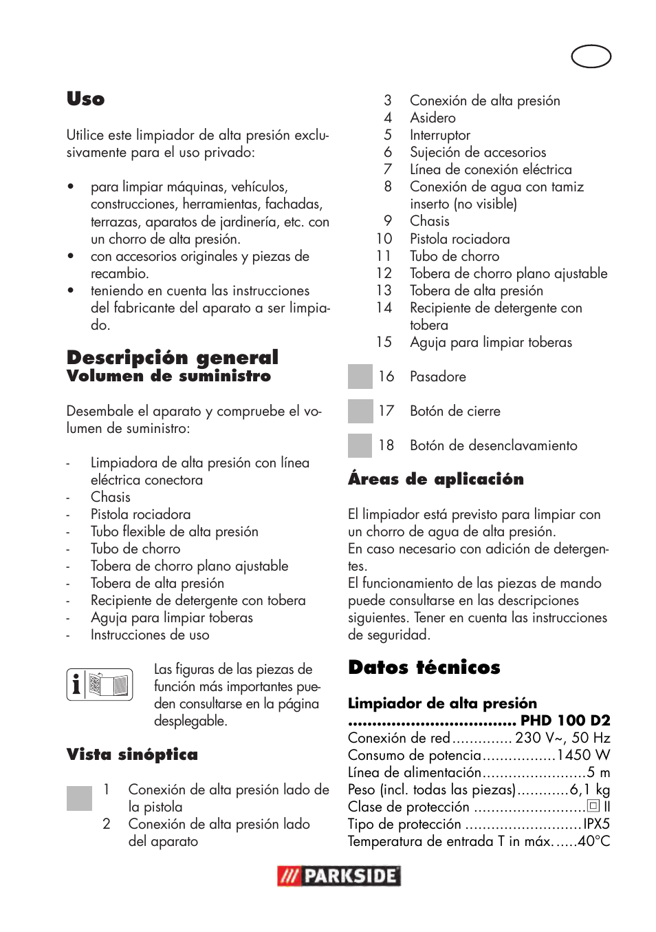 Datos técnicos, Descripción general | Parkside PHD 100 D2 User Manual | Page 5 / 72