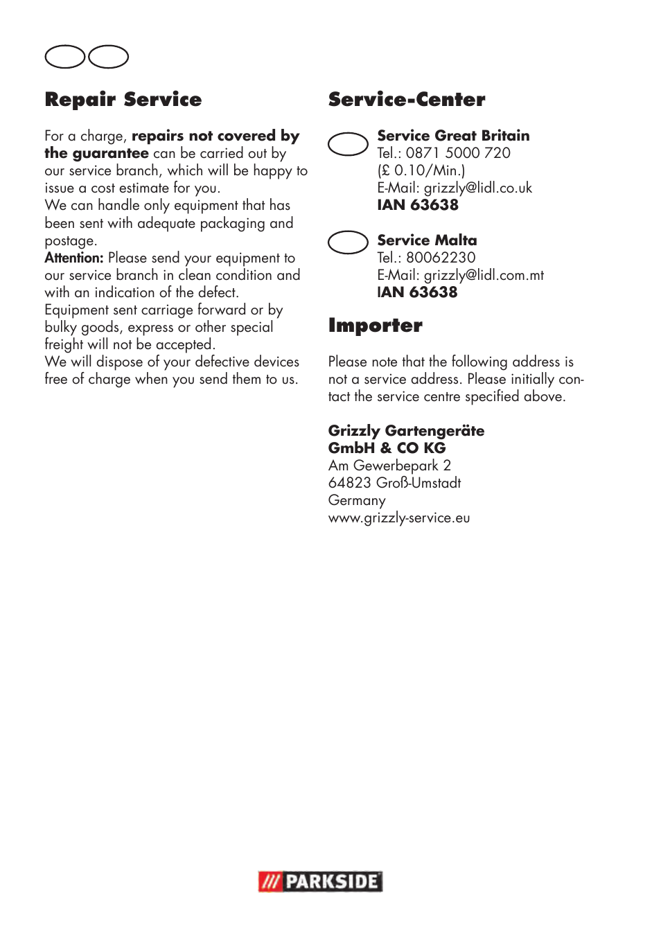 Repair service, Service-center, Importer | Parkside PHD 100 D2 User Manual | Page 50 / 72