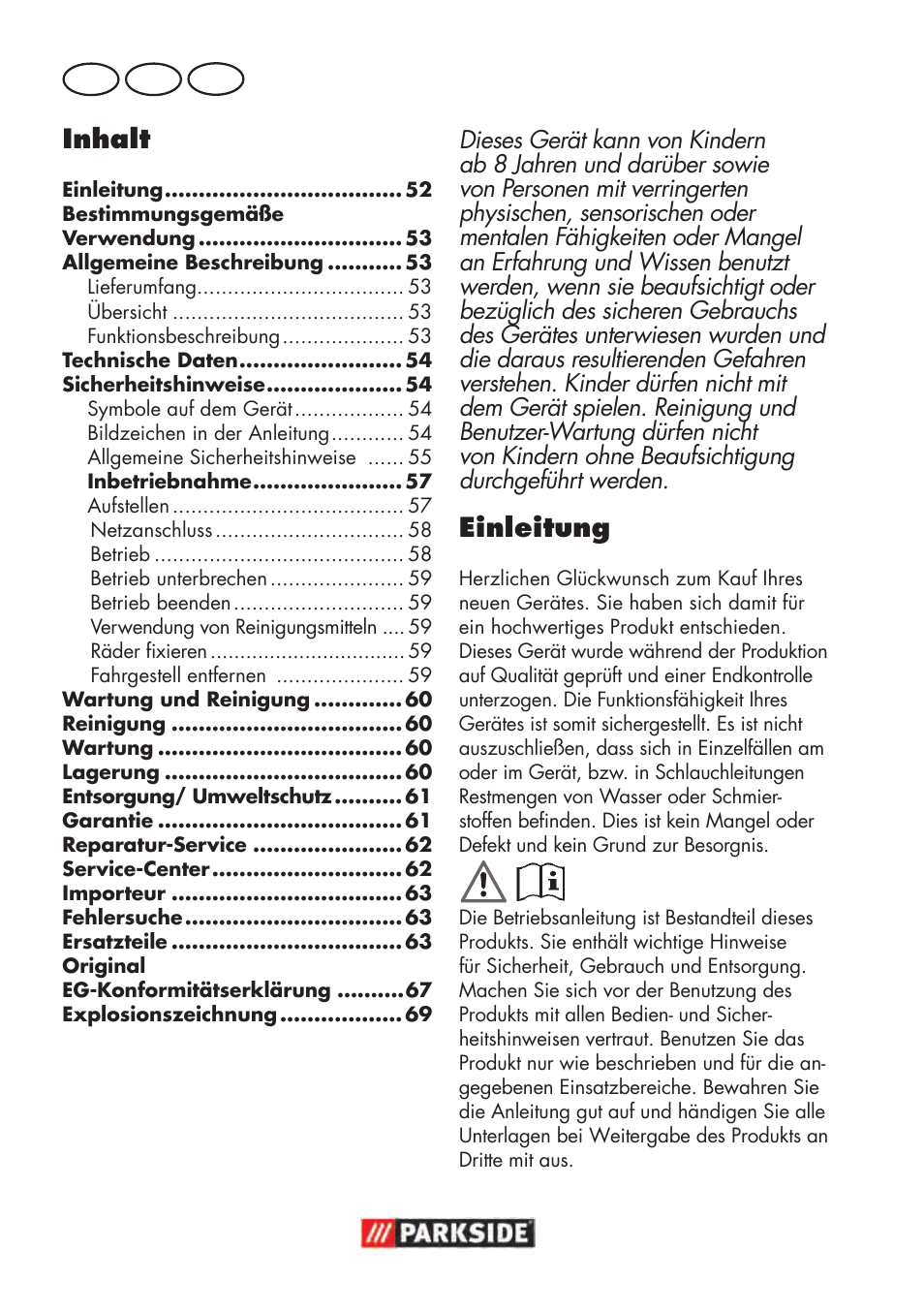 Einleitung, Inhalt | Parkside PHD 100 D2 User Manual | Page 52 / 72