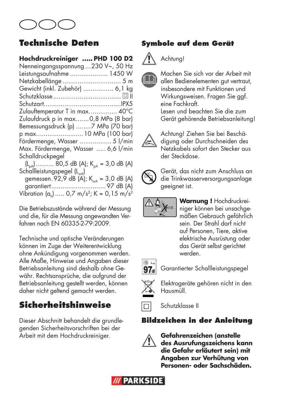 Technische daten, Sicherheitshinweise, De at ch | Parkside PHD 100 D2 User Manual | Page 54 / 72