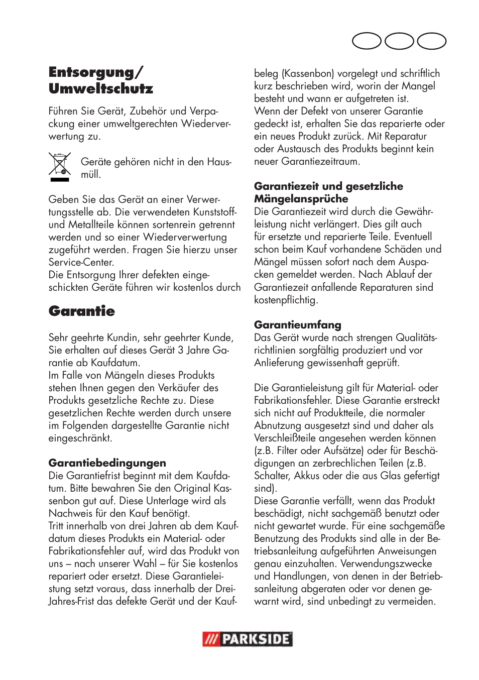 Entsorgung/ umweltschutz, Garantie, At ch de | Parkside PHD 100 D2 User Manual | Page 61 / 72