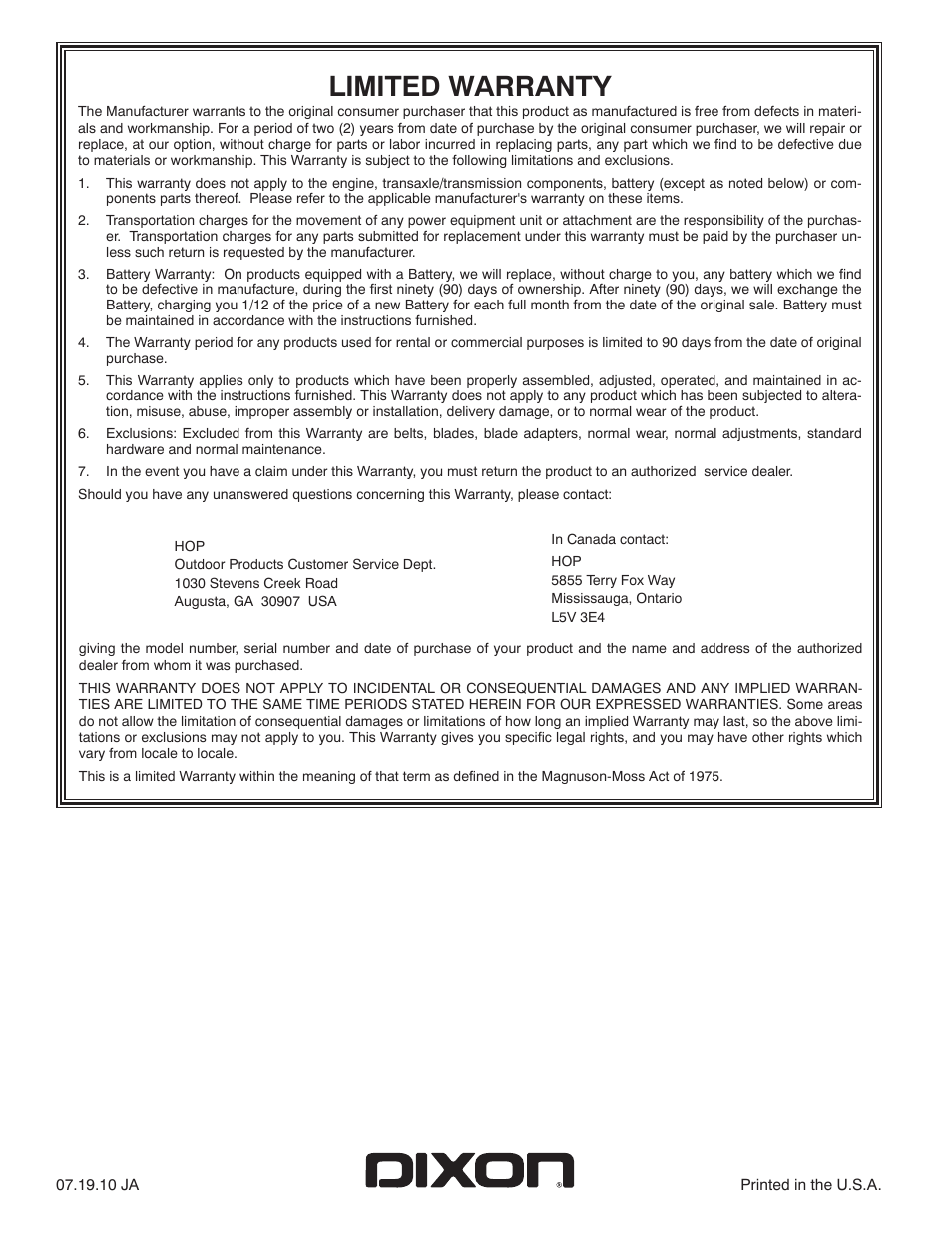 Limited warranty | Dixon D26KH54 User Manual | Page 20 / 20