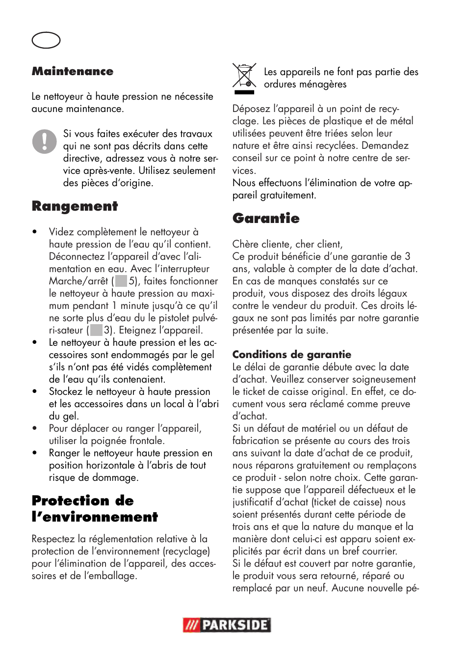 Rangement, Protection de l’environnement, Garantie | Parkside PHD 100 D2 User Manual | Page 14 / 48