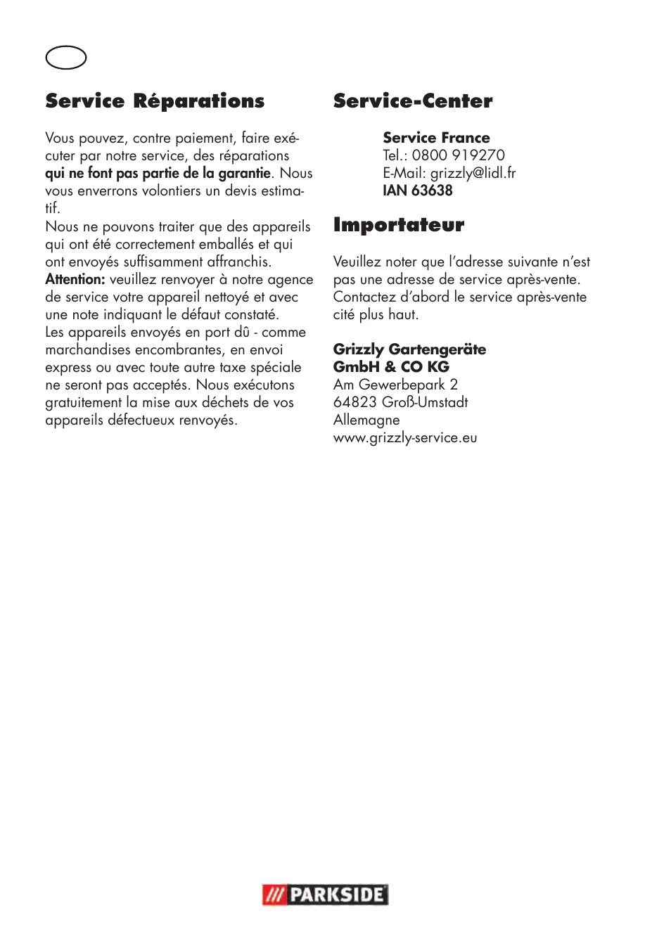 Service réparations, Service-center, Importateur | Parkside PHD 100 D2 User Manual | Page 16 / 48