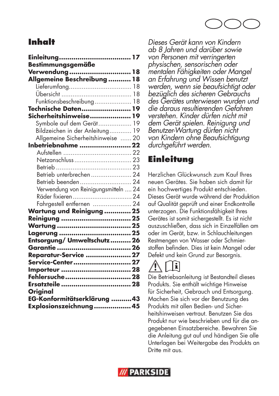 Einleitung, Inhalt | Parkside PHD 100 D2 User Manual | Page 17 / 48