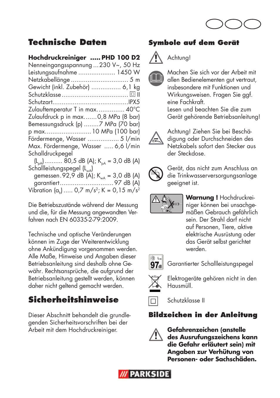 Technische daten, Sicherheitshinweise, At ch de | Parkside PHD 100 D2 User Manual | Page 19 / 48