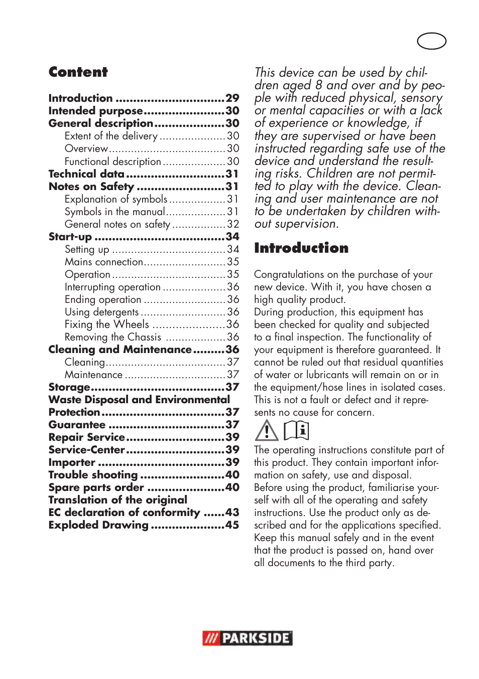 Introduction, Content | Parkside PHD 100 D2 User Manual | Page 29 / 48