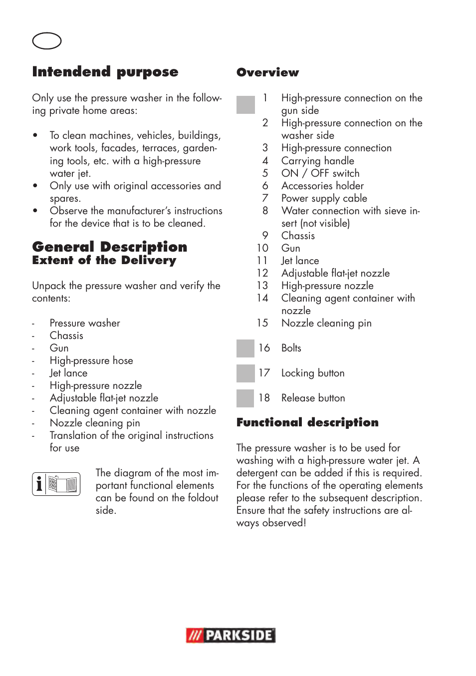 Intendend purpose, General description | Parkside PHD 100 D2 User Manual | Page 30 / 48