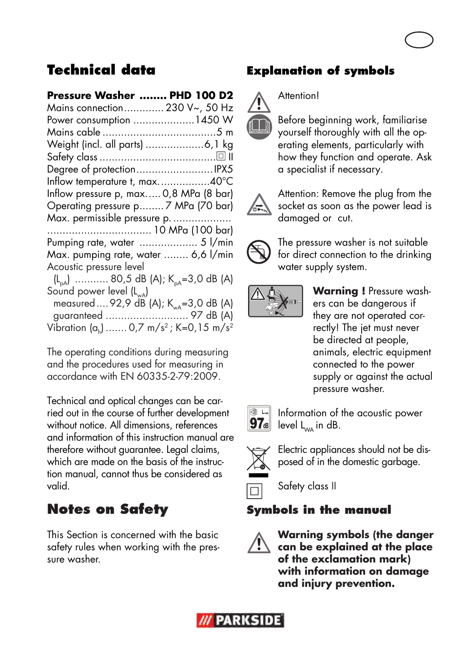 Technical data | Parkside PHD 100 D2 User Manual | Page 31 / 48