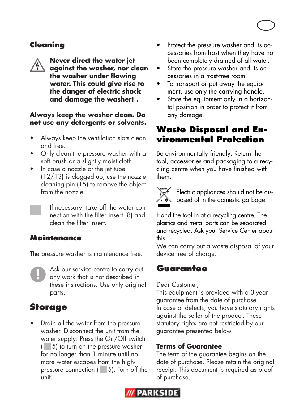 Storage, Waste disposal and en- vironmental protection, Guarantee | Parkside PHD 100 D2 User Manual | Page 37 / 48