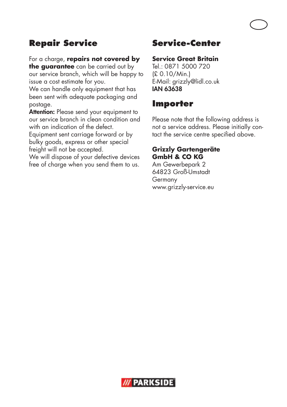 Repair service, Service-center, Importer | Parkside PHD 100 D2 User Manual | Page 39 / 48