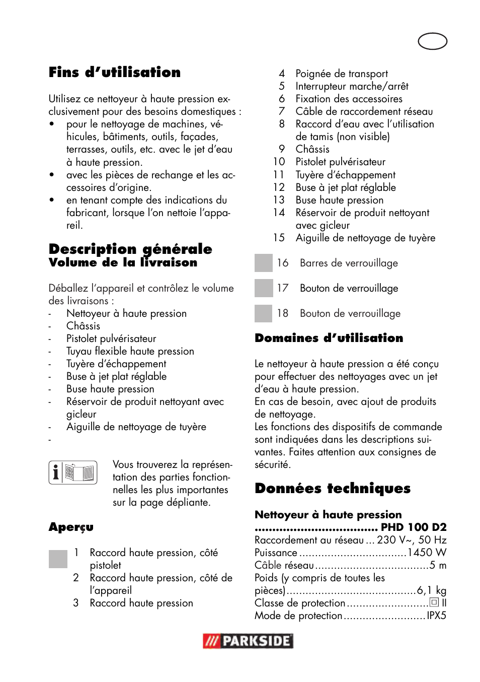 Données techniques, Fins d’utilisation, Description générale | Parkside PHD 100 D2 User Manual | Page 5 / 48