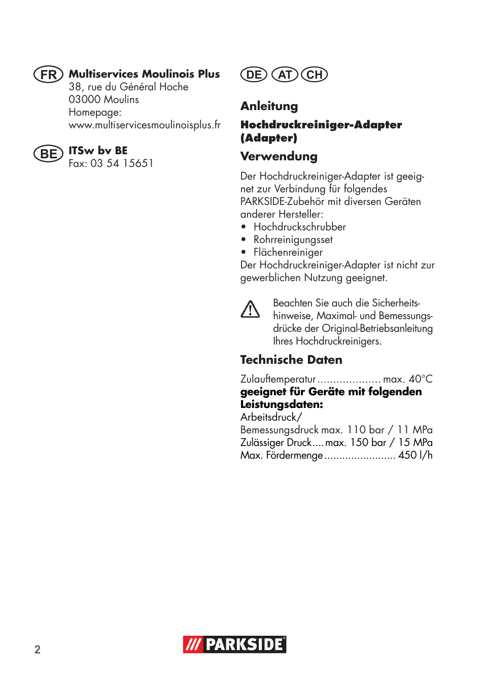 Fr be | Parkside PRESSURE WASHER ADAPTOR User Manual | Page 2 / 8