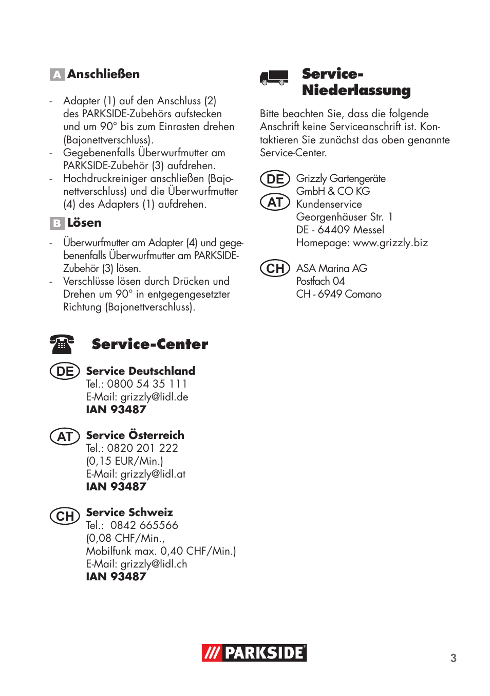 Service- niederlassung, Service-center | Parkside PRESSURE WASHER ADAPTOR User Manual | Page 3 / 8