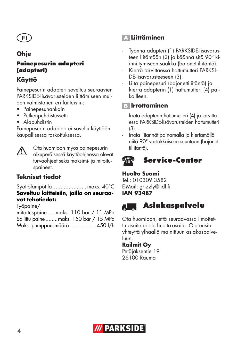 Service-center, Asiakaspalvelu | Parkside PRESSURE WASHER ADAPTOR User Manual | Page 4 / 8