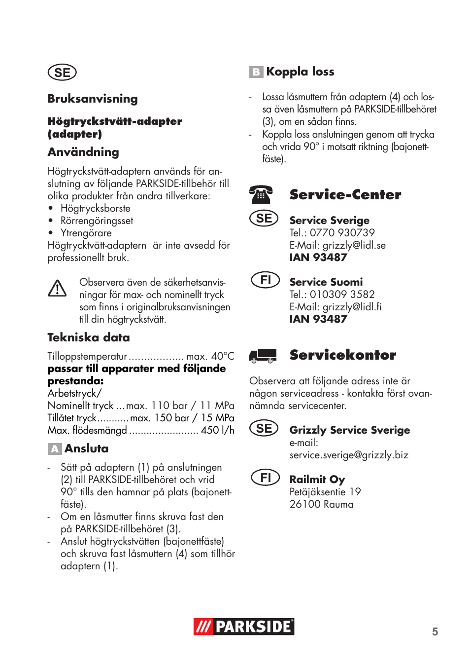 Service-center, Servicekontor | Parkside PRESSURE WASHER ADAPTOR User Manual | Page 5 / 8