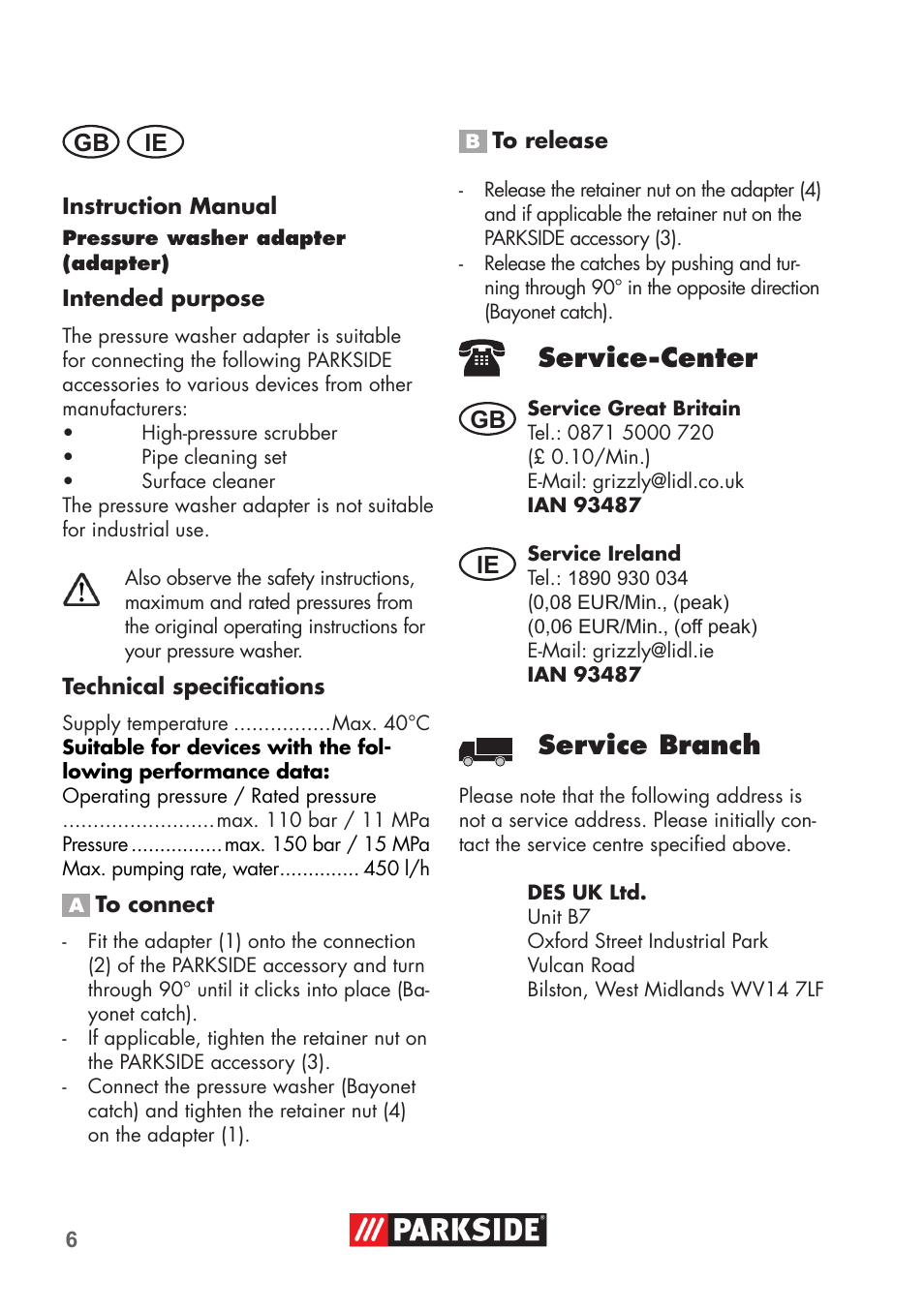 Service-center, Service branch, Gb ie | Parkside PRESSURE WASHER ADAPTOR User Manual | Page 6 / 8